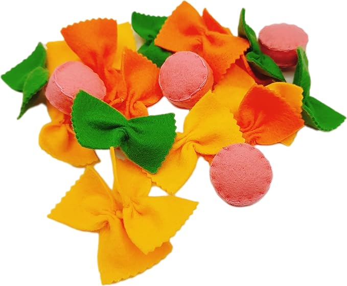 Felt play food Pasta farfalle with sausage for pretend play in kids kitchen, plush fake realistic bow tie (tri-color farfalle, Small set (16 farfalle, 4 sausages))