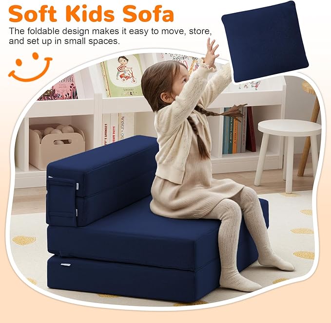 MeMoreCool Foldable Futon Chair Bed for Kids, Toddler Sofa Mattress, Convertible Foam Floor Couch, Tri-fold Sleeping Mattress (Navy)