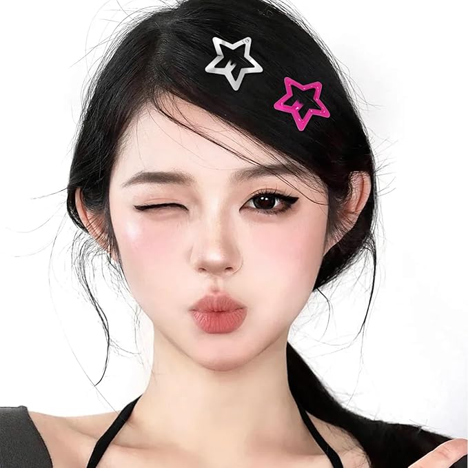 50Pcs Pink Star Hair Clips Y2K Silver Star Hair Clips for Women Metal Stars Barrettes for Hairs Non Slip Kawaii Stars Hairs Accessories for Girls Black Cute Snap Head Clip Styling Tools Gifts