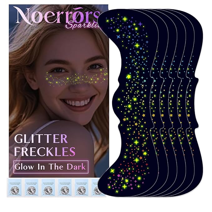Noerrors 6pcs Rainbow Freckles Face Tattoo Sticker Glow under UV Light Blacklight in the Dark, Neon Fluorescent Glitter Colorful Star Fake Faux Freckle Temporary Patches Makeup for Party Supplies #01