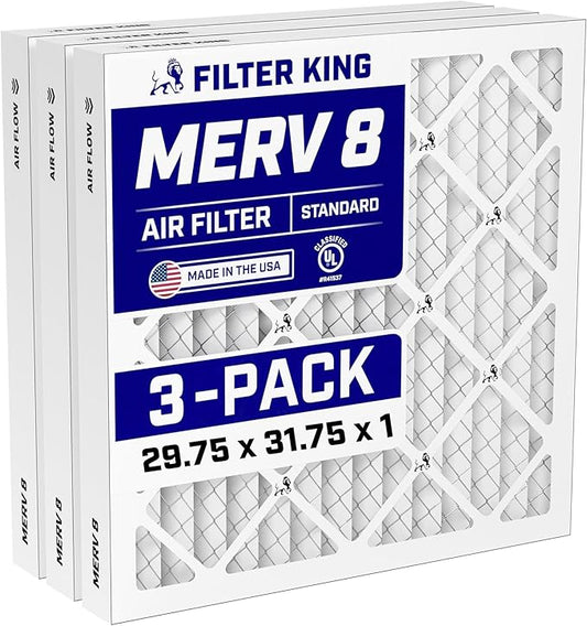 Filter King Air Filters 29.75x31.75x1 | 3-PACK | MERV 8 HVAC Pleated AC Furnace Filters | Actual Size 29.75 x 31.75 x .75
