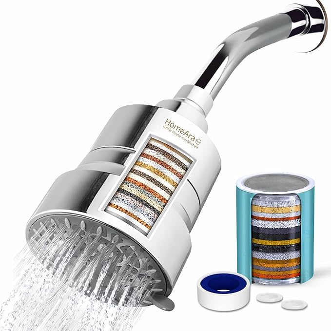 High Pressure Hard Water Shower Head Filter with Replaceable Cartridge, 20 Stage Water Softener Showerhead to Remove Chlorine and Fluoride, 5 Spray Modes for Hair and Skin Protection