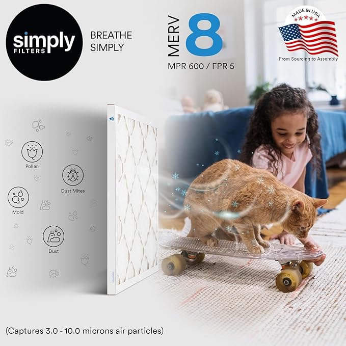 Simply 21x22x1 Air Filter, Merv 8, 4 Pack, For Home AC Furnace & HVAC (Actual Size: 20.75"x21.75"x0.75") DUST, Pet, & Allergy Control