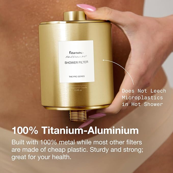 Filterbaby All-Metal Shower Filter Pro, IAPMO Certified to NSF 177, Doctor Developed, Reduces up to 99% Chlorine/Chloramine/Lead/Certain Heavy Metals, Great Water Pressure, Long Lasting, Gold