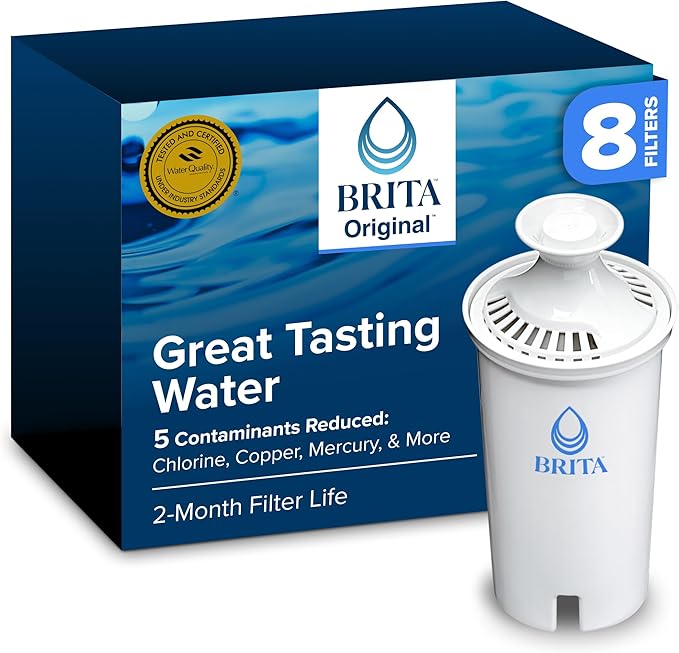 Brita Standard Water Filter for Pitchers and Dispensers, BPA-Free, Reduces Copper, Cadmium and Mercury Impurities, Lasts Two Months or 40 Gallons, Includes 8 Filters, White
