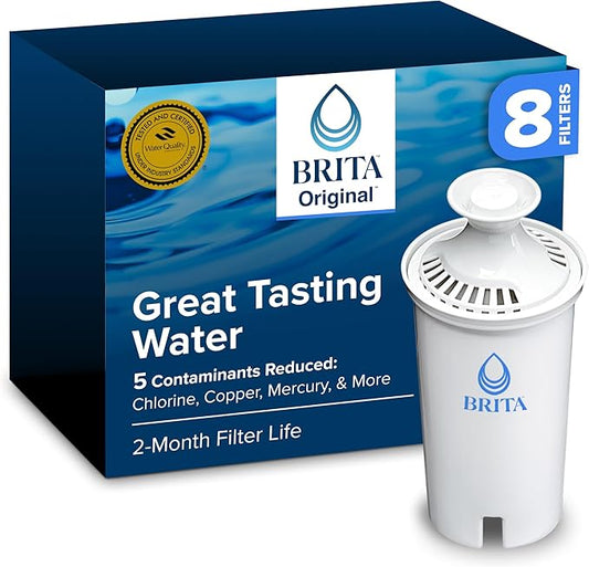 Brita Standard Water Filter for Pitchers and Dispensers, BPA-Free, Reduces Copper, Cadmium and Mercury Impurities, Lasts Two Months or 40 Gallons, Includes 8 Filters, White