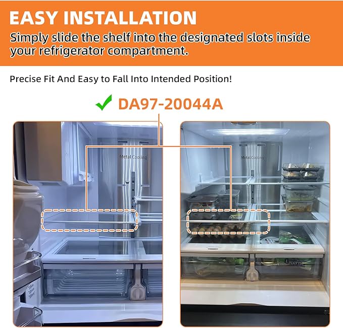 UPGRADED DA97-20044A Refrigerator Glass Shelf For Samsung Fridge Shelf Replacement RF28R7201SR RF28R7351SR RF28R7551SR Fixed Left Middle Shelves Assembly Samsung Refrigerator Parts White Metal Edge