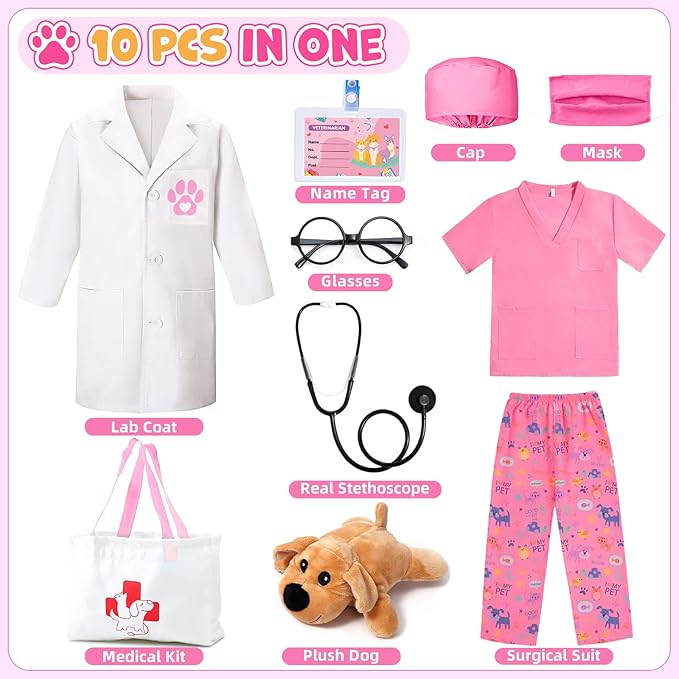G.C Kids Veterinarian Costume Toddler Doctor Kit Scrubs Doctor Vet Costume Play Set Boys Girls Halloween Dress Up Career Day