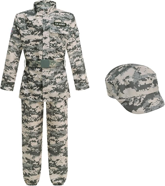 GRAJTCIN Kids Army Costume Long sleeve Halloween Party Military Soldier Dress Up Boys Costume for 4-14Y 11 PCS