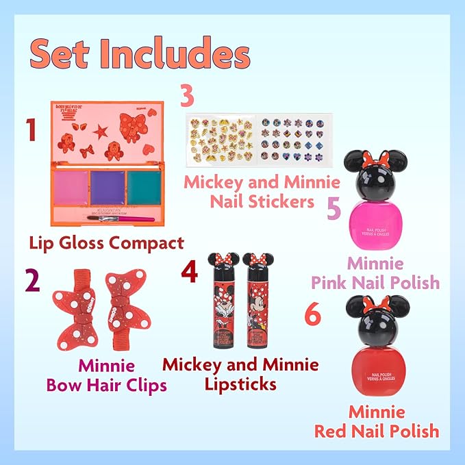 Disney Minnie Mouse Cosmetic Makeup Gift Bag Set Includes Lip Gloss, Nail Polish & Hair Accessories for Kids Girls Ages 3+ by Townley Girl