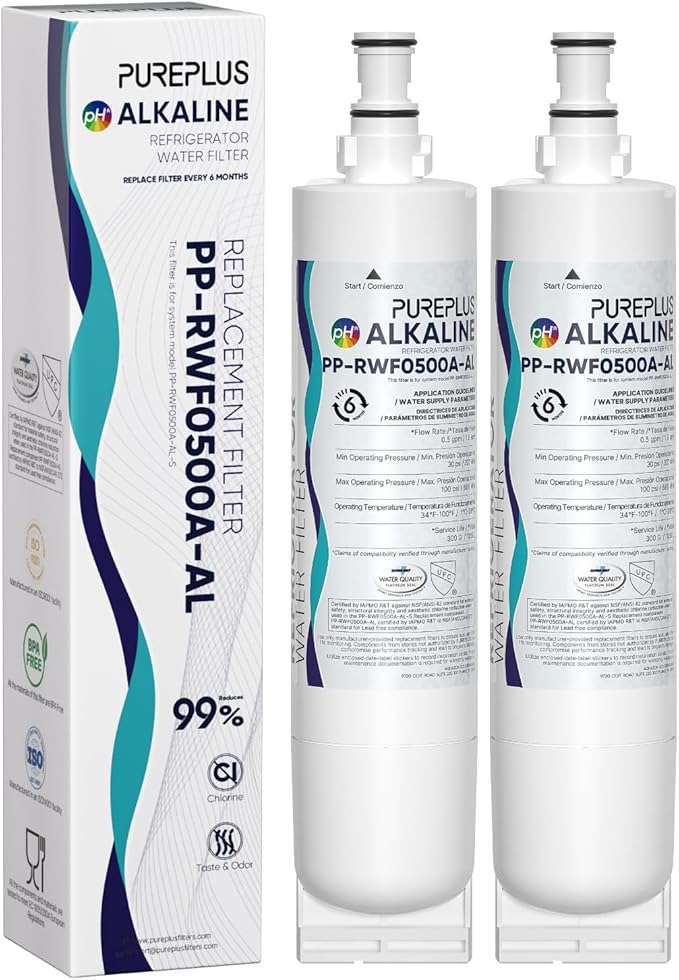 PUREPLUS Alkaline 4396508 Replacement for EDR5RXD1, EveryDrop Filter 5, 4396510, 4392857, Kenmore 46-9010, 9085, LC400V, WF-NLC240V, RFC0500A, WF285, W10186668 Refrigerator Water Filter, 2Pack