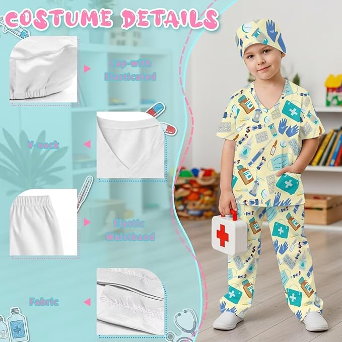 3 PCS Set Doctor Costume for Kids,Scrubs with Nurse Costume Kids Set,Girls Boys Doctor Career Day Costumes
