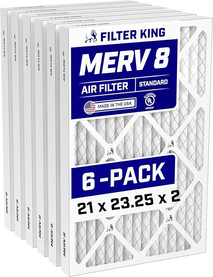 Filter King 21x23.25x2 Air Filter (MERV 8) (6-Pack) Dust & Allergy Control AC Furnace Filters, MADE IN USA, HVAC, Pleated, Electrostatic (Actual Size: 21 x 23.25 x 1.75)