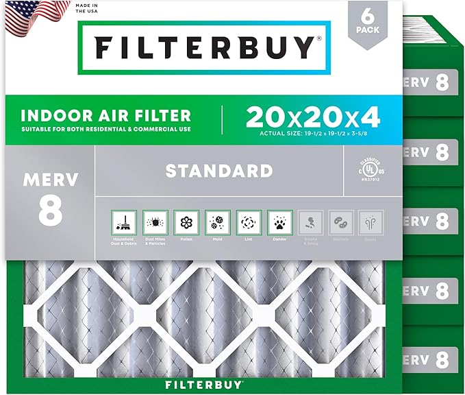 Filterbuy 20x20x4 Air Filter MERV 8 Essential Dust & Allergy Defense (6-Pack), Electrostatic Pleated HVAC AC Furnace Filters Replacement (Actual Size: 19.50 x 19.50 x 3.63)