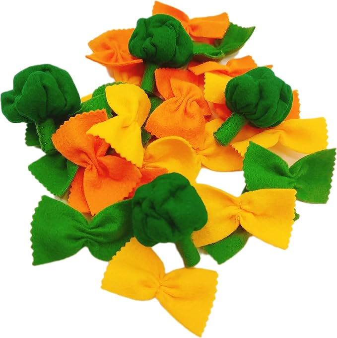 Pasta with broccoli, farfalle, bow tie pasta, felt play food for kids kitchen, pretend play for kids (tri-colors, set 4 (farfalle, broccoli))