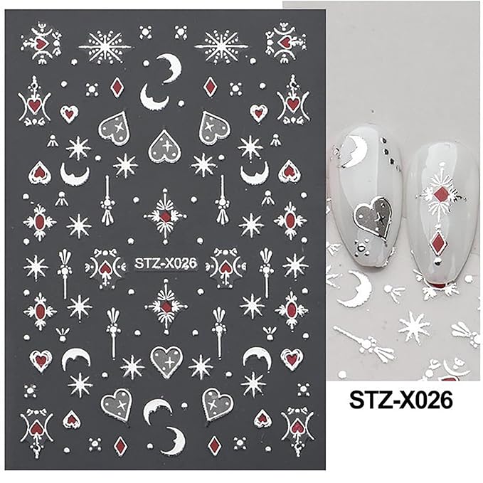 Pendant Flowers Nail Art Adhesive Sticker 3D Self-Adhesive Nail Decals Art Design Holographic Stars Heart Moon Nail Art Sticker Decoration for Women Manicure Tips Acrylic Nails DIY Nails Art Supplies