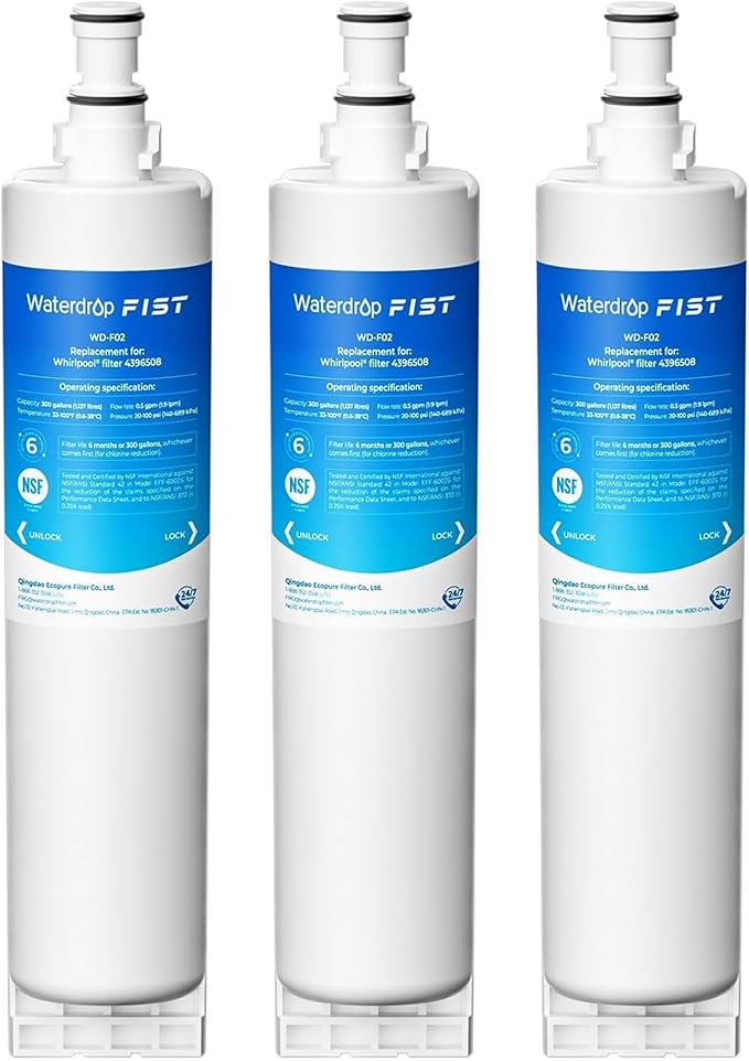 Waterdrop 4396508 Refrigerator Water Filter, Replacement for Whirlpool® 4396510, 4392857, Kenmore® 46-9010, NLC240V, EveryDrop® Filter 5, EDR5RXD1, 3 Filters (Package may vary)