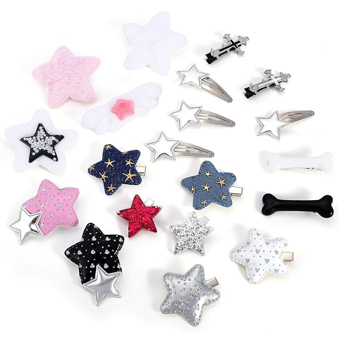 20Pcs Kawaii Star Hair Clips Y2k Hair Accessories Cute Star Hair Barrettes for Women Girls Large Snap Hair Clips Silver Goth Hair Clip Bone Cross Cowboy Plush Hair Clip Styling Tools Gifts