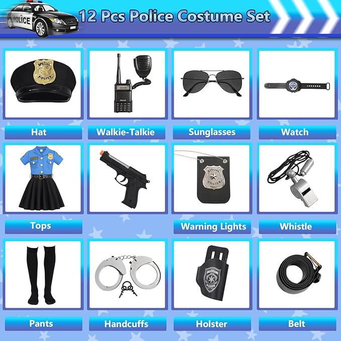 Police Costume for Girls Kids Cop Halloween Costumes Toddler Police Officer Uniform Outfit with Policeman Accessories