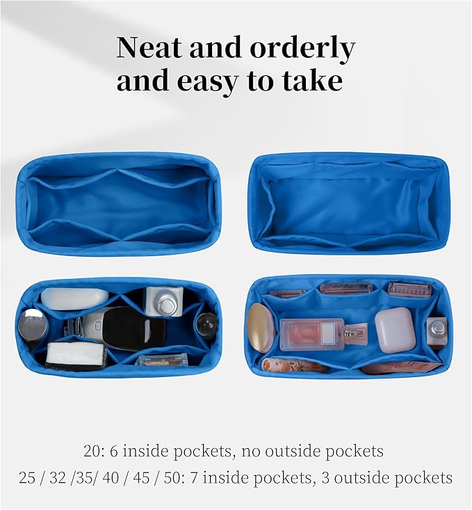 Purse Organizer Insert for Birkin 25, Lightweight & Soft Satin Organizer Insert with Pockets for Woman Bags, Ideal for Travel, Shopping, and Daily Use, Multicolor Options(Blue zanzibar, BK25 Retourne)