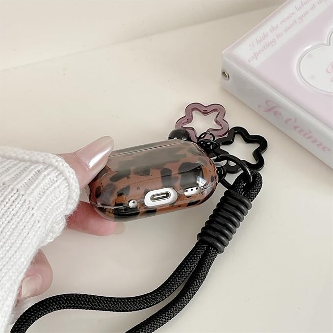 Dark Brown Leopard Print Silicone Case for AirPods Pro 3 (2025) - Cute Shockproof Cover with Detachable Long Neck Lanyard, Travel Keychain, MagSafe Compatible, Unisex for Women & Men