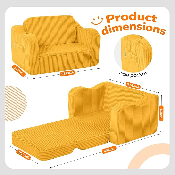 MeMoreCool Toddler Couch, 2-in-1 Corduroy Kids Couch Fold Out to Lounger, Comfy Toddler Chair for 1-3 Year Old, Soft Foam Kids Sofa with Washable Cover for Playroom and Bedroom, Mustard Yellow