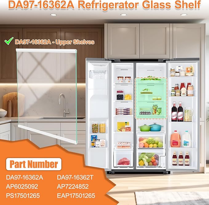 UPGRADED DA97-16362A Refrigerator Glass Shelf Compatible with Samsung Fridge Shelf Replacement Parts RS22T5201SR Shelves RS22T5561SR RS22T5561SG RS23A500ASR DA97-16362T Upper Tempered Glass Shelves