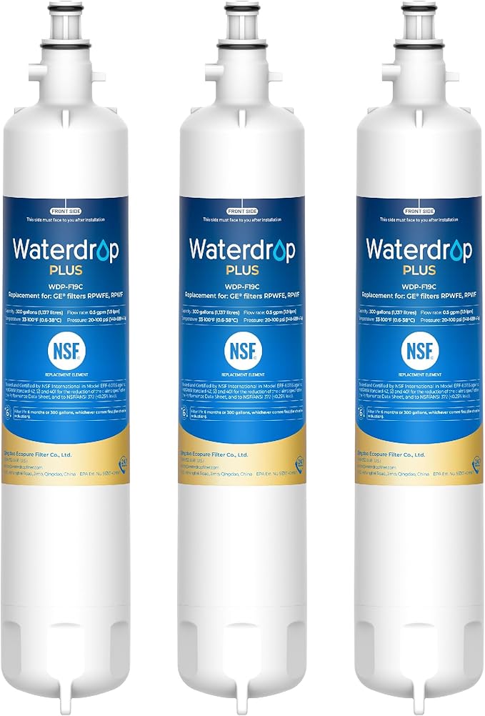 Waterdrop Plus WDP-F19C Replacement for GE® RPWFE®, RPWF (with CHIP) NSF 401 Refrigerator Water Filter, Compatible with WSG-4, GFE28GBLTS, GFE28GSKSS, PFE28KMKES, 3 Filters (Package May Vary)
