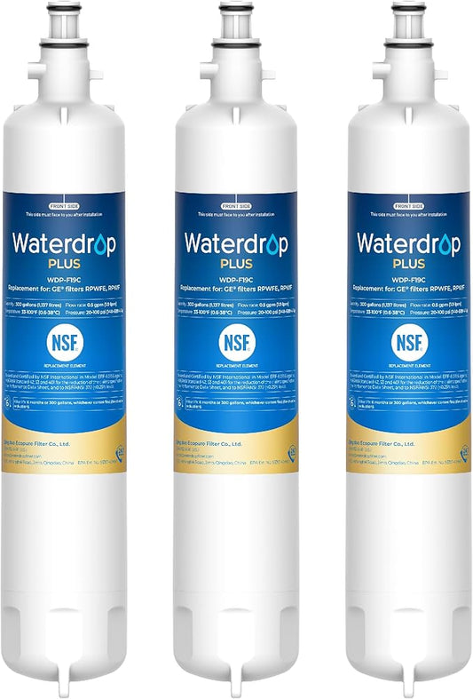 Waterdrop Plus WDP-F19C Replacement for GE® RPWFE®, RPWF (with CHIP) NSF 401 Refrigerator Water Filter, Compatible with WSG-4, GFE28GBLTS, GFE28GSKSS, PFE28KMKES, 3 Filters (Package May Vary)