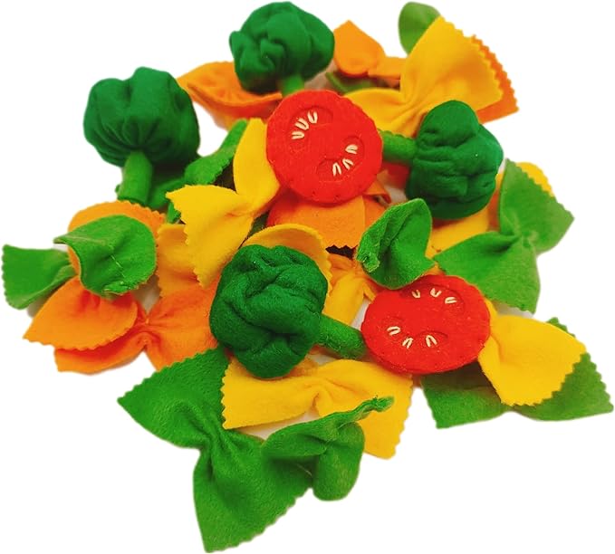 Pasta with broccoli, farfalle, bow tie pasta, felt play food for kids kitchen, pretend play for kids (tri-colors, set 2 (farfalle, broccoli, tomatoes, basil))