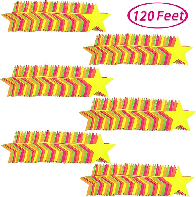 120feet Star UV Neon Garland Hanging Paper Glow in The Dark Glow Party Supplies and Decorations Blacklight Reactive Fluorescent Black Light Kit Neon Party Birthday Wedding