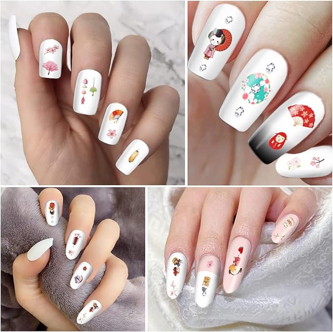Japanese Style Nail Art Stickers, Cherry Blossoms Nail Art Decals 3D Self-Adhesive Flowers Nail Stickers Design Kimono Girl Mask Fan Nail Decal for Women Girls Manicure Decoration DIY Nail Sticker
