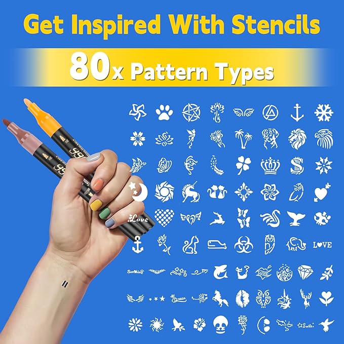 Temporary Tattoo Markers Kit, Dual-End 16 Colors with 80 Stencils for Body Art | Skin-Safe, Washable, Cosmetic-Grade | for Kids & Adults