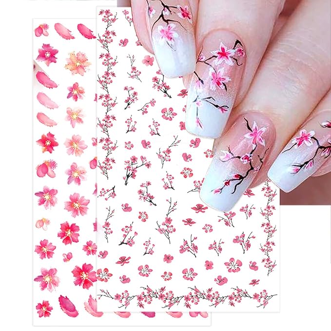 Flowers 3D Nail Decals Art Design - Holographic Peach Plum Blossom Lotus - Self-Adhesive Sticker Decoration for Women Manicure Tips Acrylic DIY Nails Art Supplies