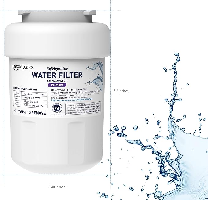Amazon Basics Replacement Water Filter Cartridge Compatible with GE MWF Refrigerator, NSF Certified, No Leaks, Fits Perfectly, Compatible with GE and Kenmore, 3-Pack