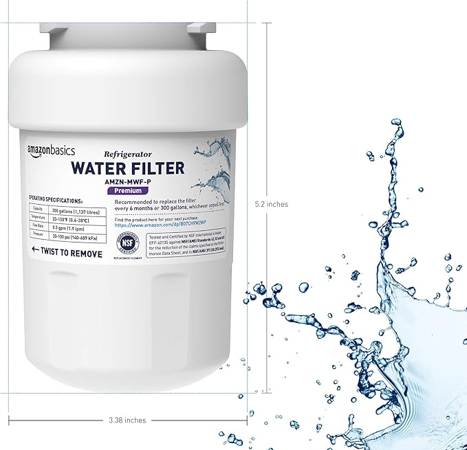Amazon Basics Replacement Water Filter Cartridge Compatible with GE MWF Refrigerator, Easy to Install, NSF/ANSI 42 Certified, Reduces Lead, 1-Pack