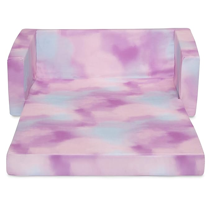 Delta Children Cozee 2-in-1 Sofa, 2-Seater Convertible Toddler Couch Sleeper, Wide 2-in-1 Flip Open Foam Chair for Playroom, Pet-Friendly, Bed Lounger, Comfy Play Sleeping Lounge Chair, Pink Tie Dye