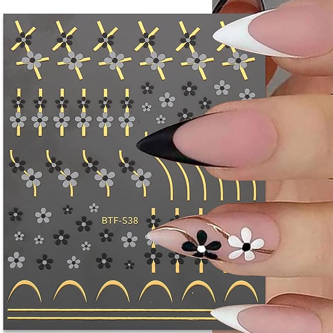 TBRZTR Colorful Flower Nail Art Adhesive Sticker 3D Self-Adhesive Nail Decals Art Design Holographic Golden Lines Nail Art Sticker Decoration Manicure Tips Acrylic Nails DIY Nails Art Supplies