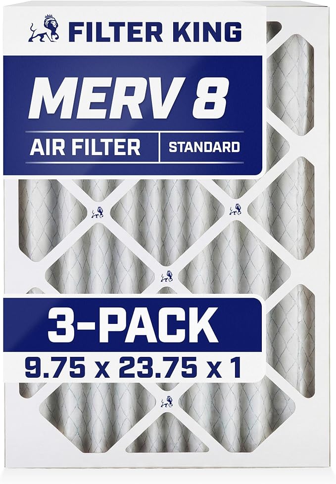 Filter King 9.75x23.75x1 Air Filter (MERV 8) (3-Pack) Dust & Allergy Control AC Furnace Filters, MADE IN USA, HVAC, Pleated, Electrostatic (Actual Size: 9.75 x 23.75 x .75)