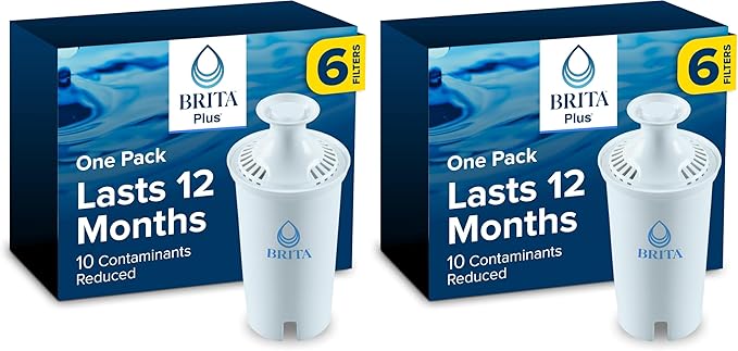 Brita Plus Water Filter, BPA-Free, High-Density Replacement Filter for Pitchers and Dispensers, Reduces 2x Contaminants*, Lasts Two Months or 40 Gallons, Includes 6 Filters (Pack of 2)