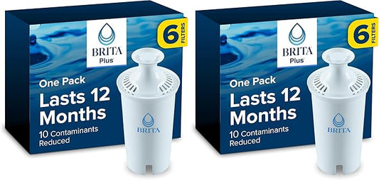 Brita Plus Water Filter, BPA-Free, High-Density Replacement Filter for Pitchers and Dispensers, Reduces 2x Contaminants*, Lasts Two Months or 40 Gallons, Includes 6 Filters (Pack of 2)