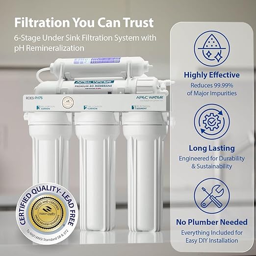 APEC Water Reverse Osmosis Water Filter, Alkaline 6-Stage RO System, WQA Certified to Remove 1K+ Impurities, pH+ Remineralization for Natural Spring Taste, Under Sink Filter 75 GPD