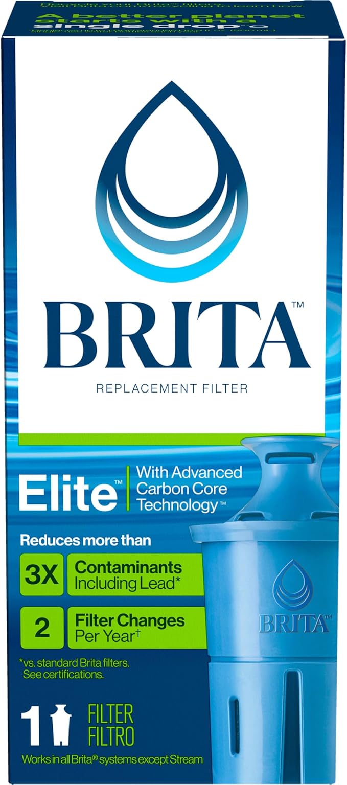 Brita Elite Water Filter Replacement for Pitchers and Dispensers, BPA-Free, Reduces 99% of Lead, Lasts Six Months or 120 Gallons, Includes 1 Pitcher Replacement Filter