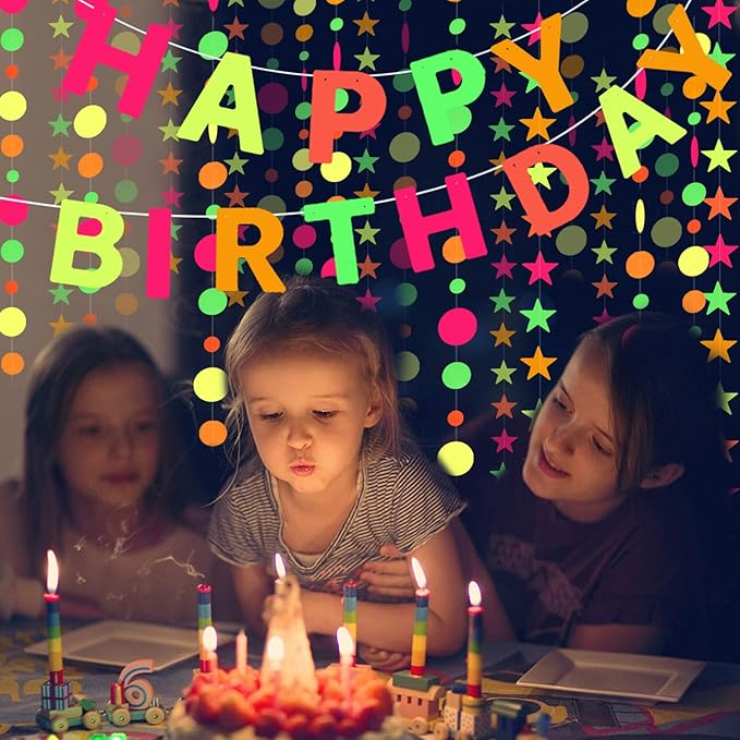UV Neon Happy Birthday Banner Glow in the Dark Glow Party Supplies Decorations Glow in the Dark Blacklight Reactive Fluorescent Neon Party Supplies Birthday Black Light Party (Happy Birthday Banner)
