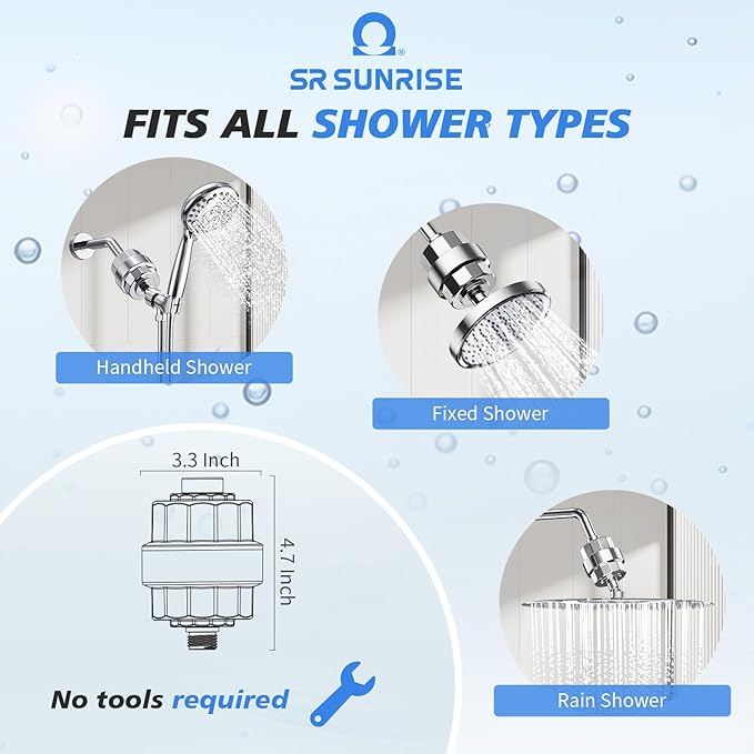 SR SUN RISE 20-Stage Shower Filter-Shower Head Filter for Hard Water, with 3 Replaceable Cartridges, High Output Shower Water Filter for Removing Chlorine and fluoride, Polished Chrome