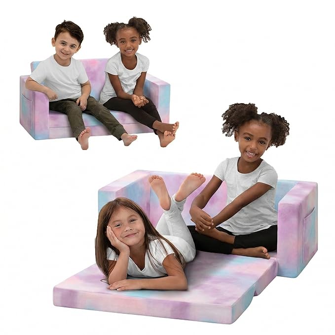Delta Children Cozee 2-in-1 Sofa, 2-Seater Convertible Toddler Couch Sleeper, Wide 2-in-1 Flip Open Foam Chair for Playroom, Pet-Friendly, Bed Lounger, Comfy Play Sleeping Lounge Chair, Pink Tie Dye