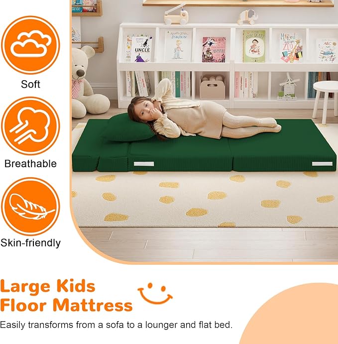 MeMoreCool Folding Sofa for Kids, Corduroy Fold Out Futon Chair, Small Foldable Floor Mattress, Portable Children Couch Sofa, Green