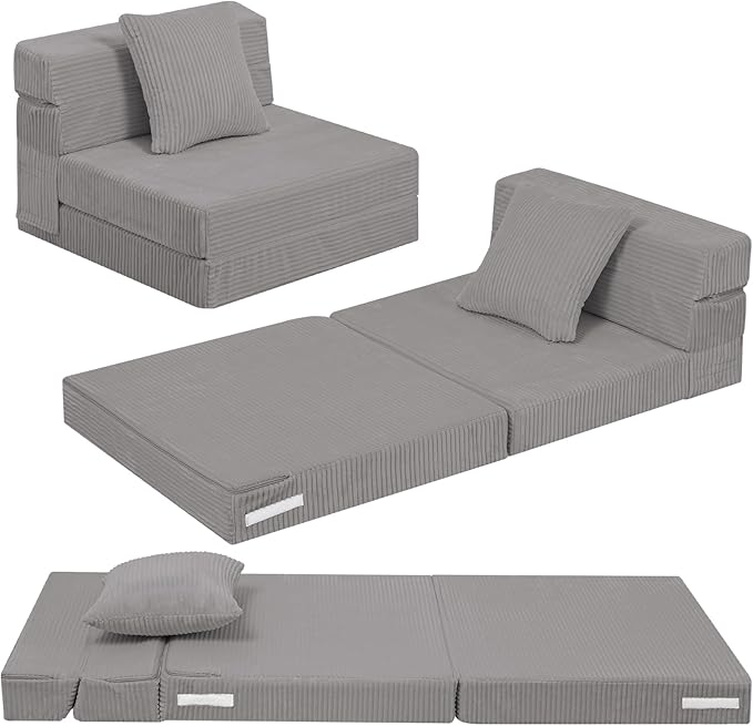 MeMoreCool Folding Sofa for Kids, Corduroy Fold Out Futon Chair, Small Foldable Floor Mattress, Portable Children Couch Sofa, Light Grey