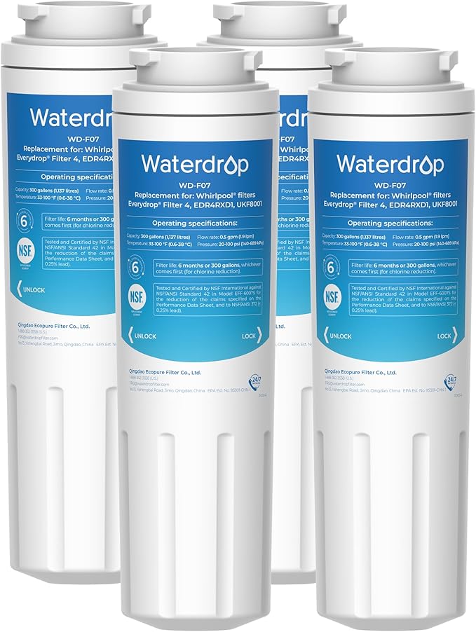 Waterdrop UKF8001 Refrigerator Water Filter 4, Replacement for Whirlpool® EDR4RXD1, EveryDrop® Filter 4, Maytag® UKF8001AXX-750, UKF8001AXX-200, 46-9006, Puriclean II, WF-UKF8001, 4 Filters