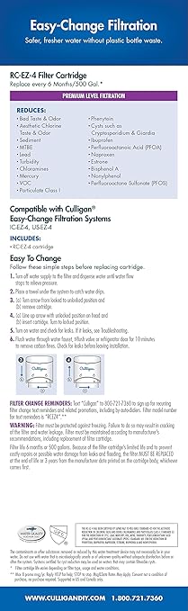 Culligan RC-EZ-4 Premium Water Filtration Replacement Cartridge for Under-Sink, Refrigerator, & RV Systems - EZ Change Water Filter System (500 Gallon Life)